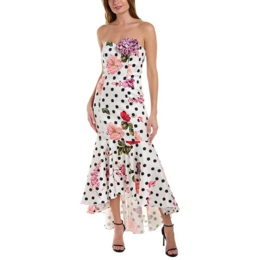 Marchesa Notte Strapless Black Polka Dot Gown Pink Floral